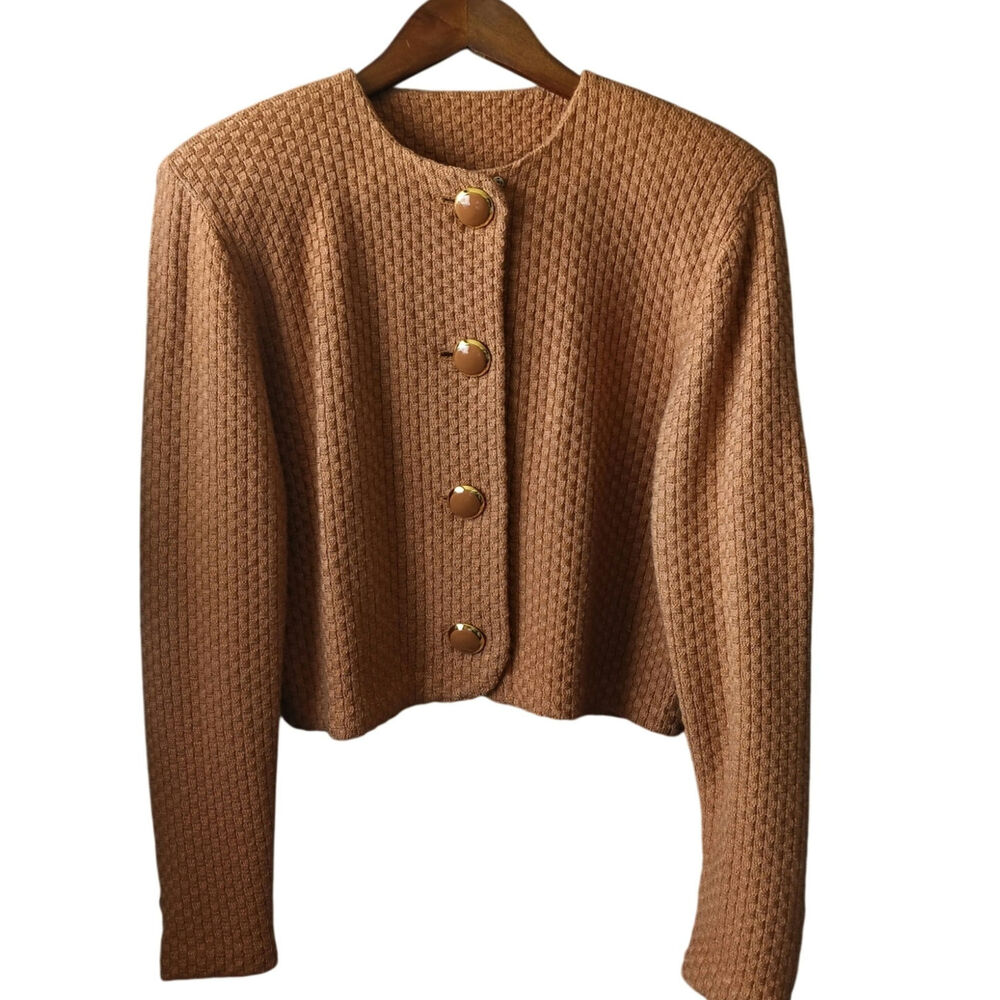 St. John by Marie Gray Textured Knit Jacket Camel Brown Gold Button Cropped 10 - Picture 2 of 5